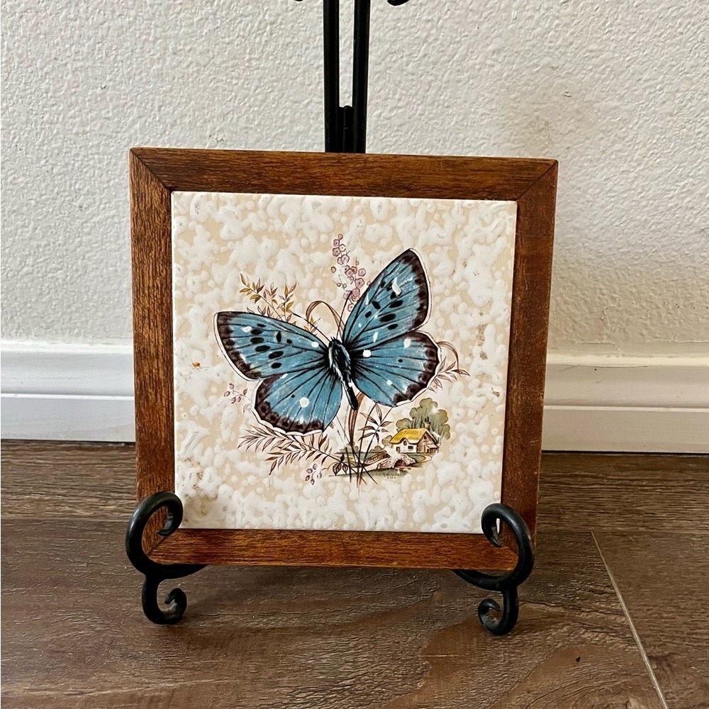 Wooden Framed Butterfly Tile Art from Germany 7/7 Inch